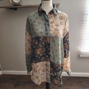 Lizsport Floral Patchwork Button-Up Shirt Small